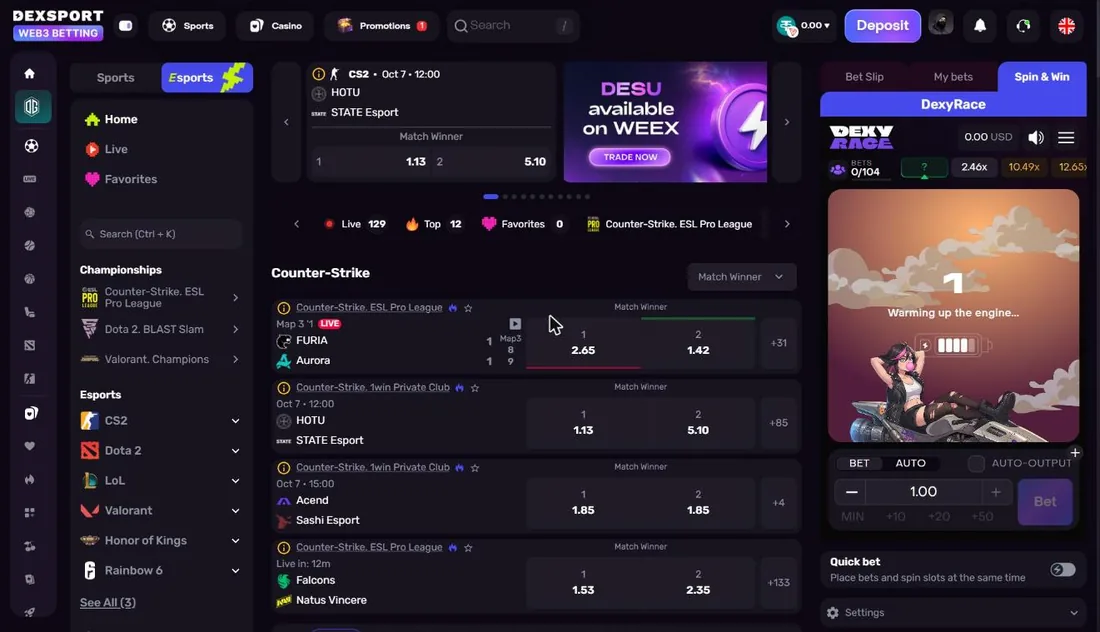Esports on Dexsport — CS2, Dota 2, LoL and Valorant markets in one place